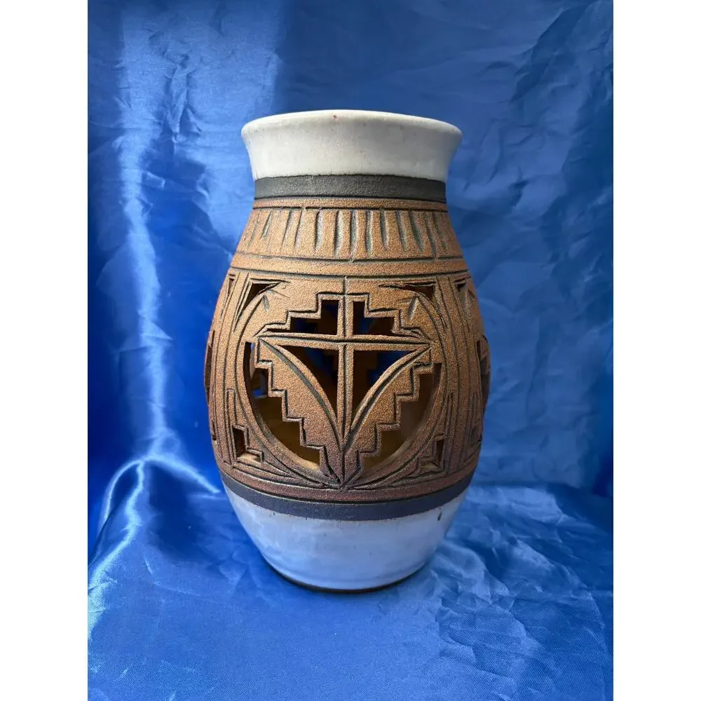 Vintage Geometric Cut Out Pottery Stoneware Signed Vase